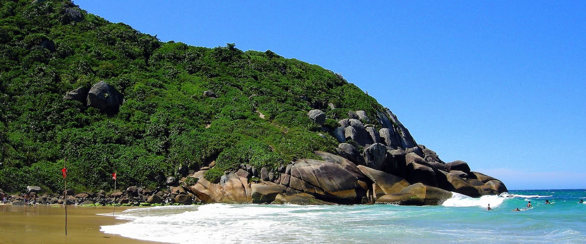 Brava Beach facing the ocean, with strong waves, beyond the standard calm beaches of the North of the Island of Santa Catarina, Brazil