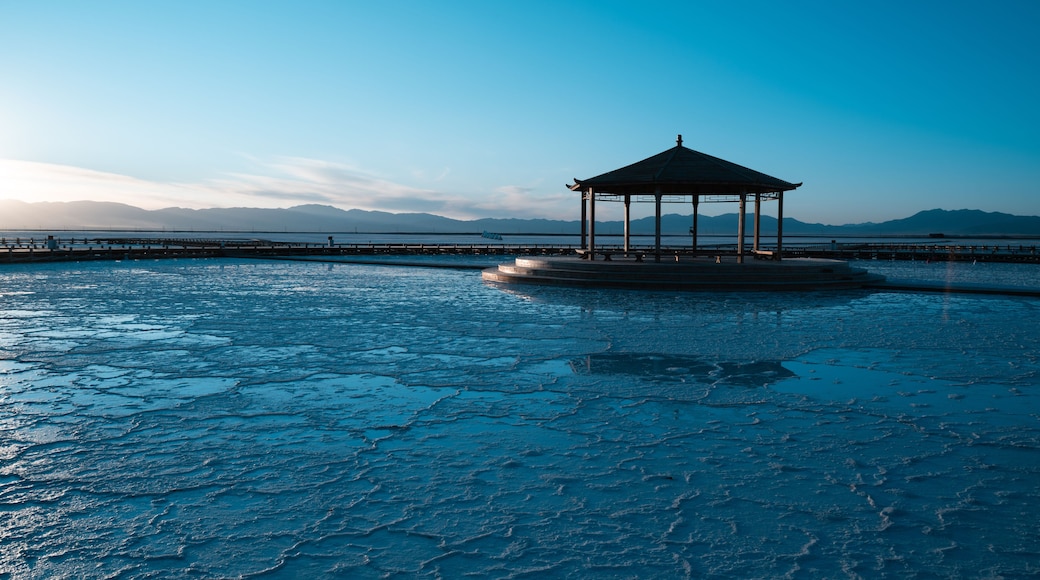 Textured Salt Flats of Chaka Salt Lake, Qinghai China - Traditional Chinese Pavilion at Dawn, Blue Sky Landscape