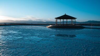 Textured Salt Flats of Chaka Salt Lake, Qinghai China - Traditional Chinese Pavilion at Dawn, Blue Sky Landscape