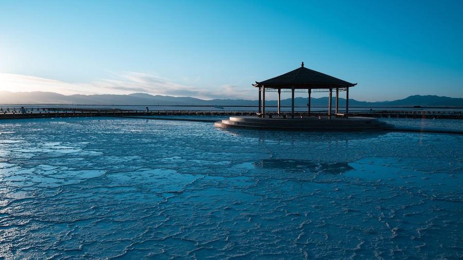 Textured Salt Flats of Chaka Salt Lake, Qinghai China - Traditional Chinese Pavilion at Dawn, Blue Sky Landscape