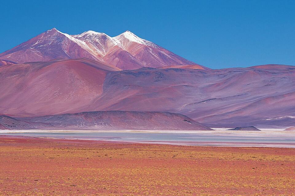 Cordillera con un lago y un grupo de caballos.