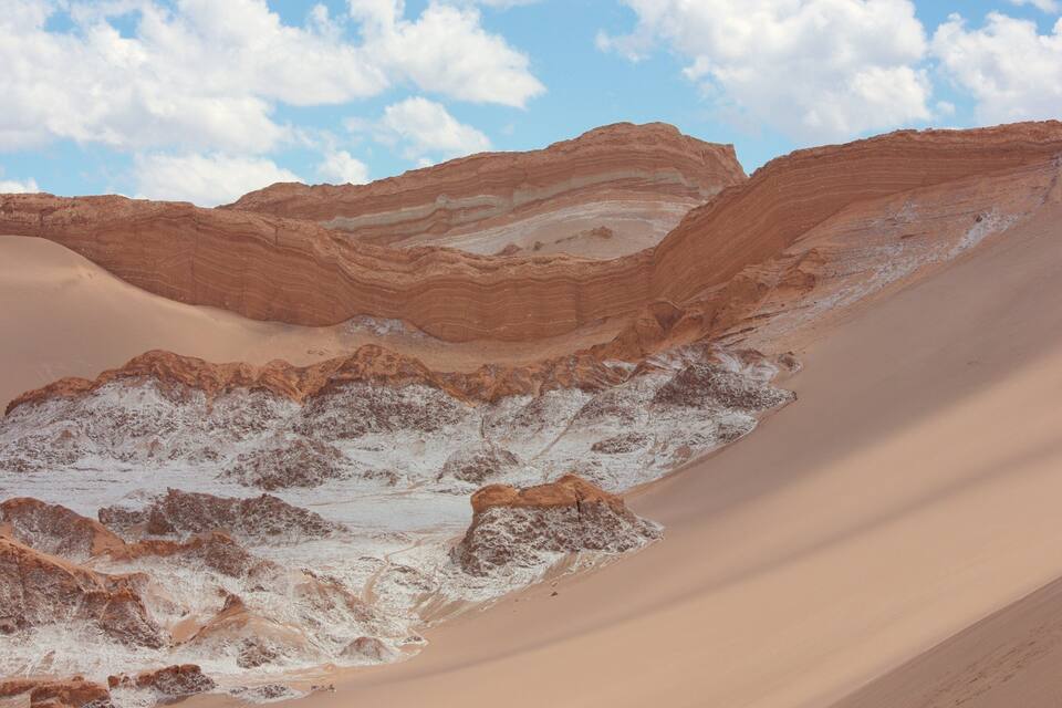 Paisaje desértico con formaciones rocosas estratificadas y dunas de arena.