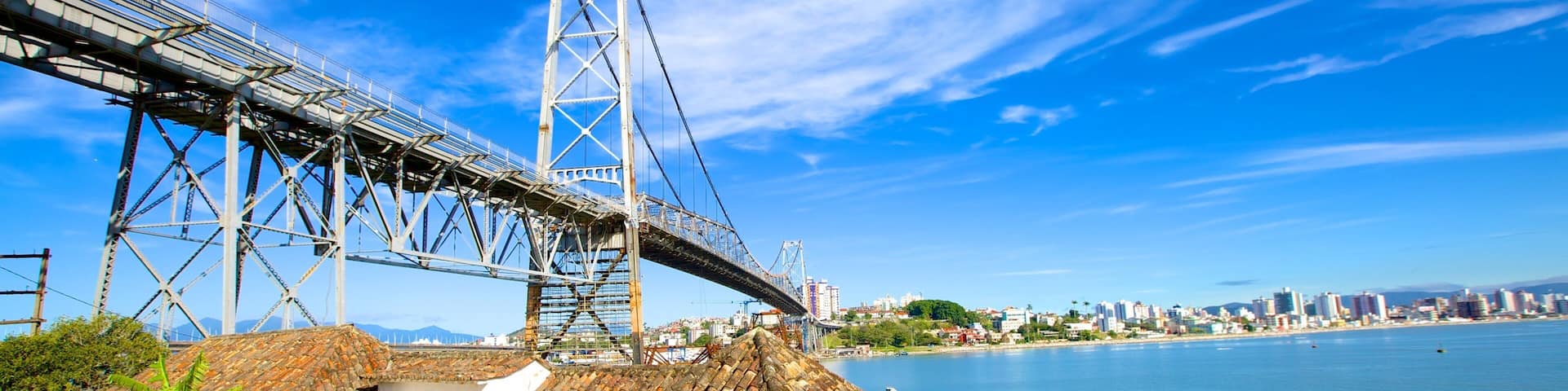 Hercilio Luz Bridge which includes a bridge and general coastal views
