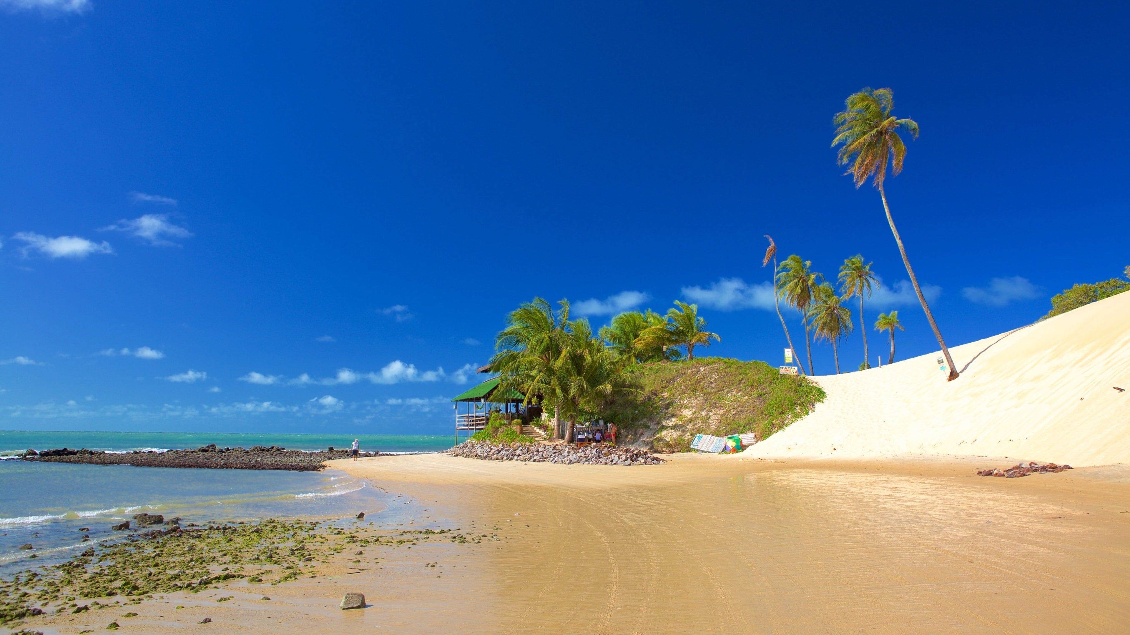 Praia de Genipabú caracterizando paisagens litorâneas, cenas tropicais e uma praia de areia