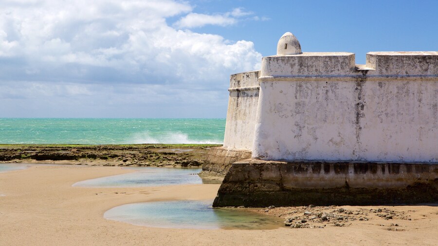 Fort of the Three Kings showing heritage elements, general coastal views and a beach