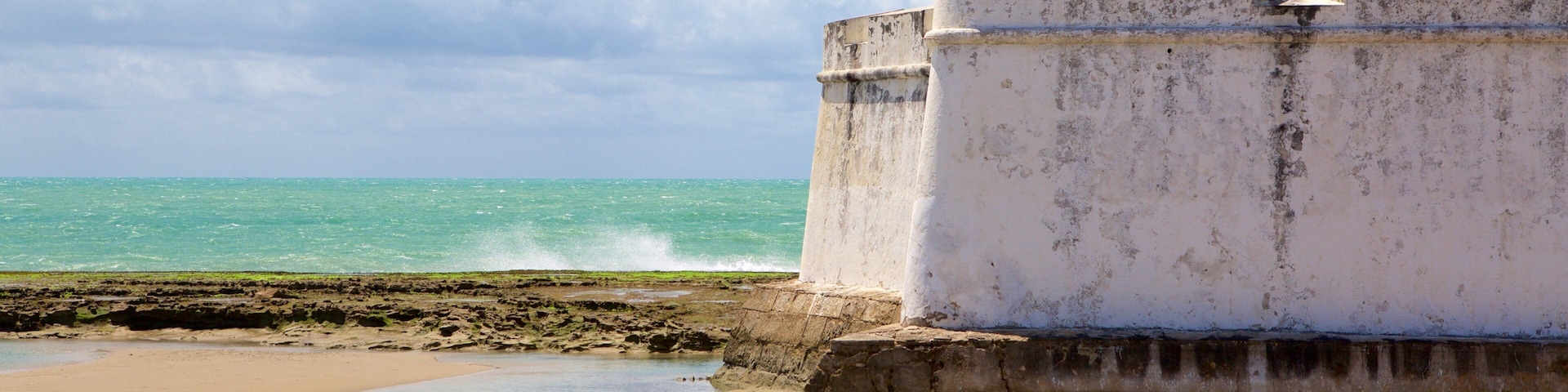 Forte dos Três Reis mostrando elementos de patrimônio, paisagens litorâneas e uma praia