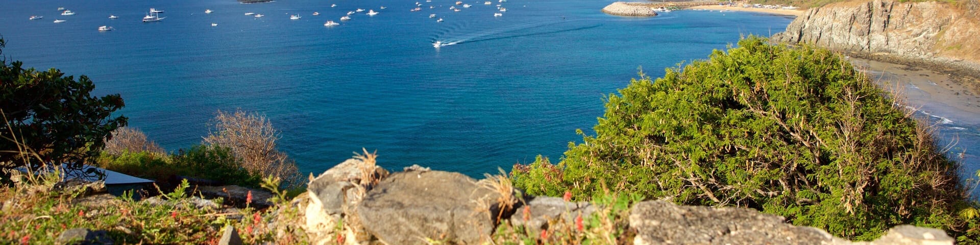 A coastal landscape with rocky outcrops, clear blue sea, and several boats.