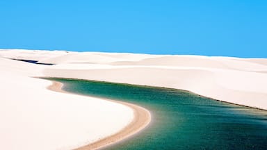 View of lagoa azul in desert white sand dunes of the Lencois Maranheses National Park in brazil