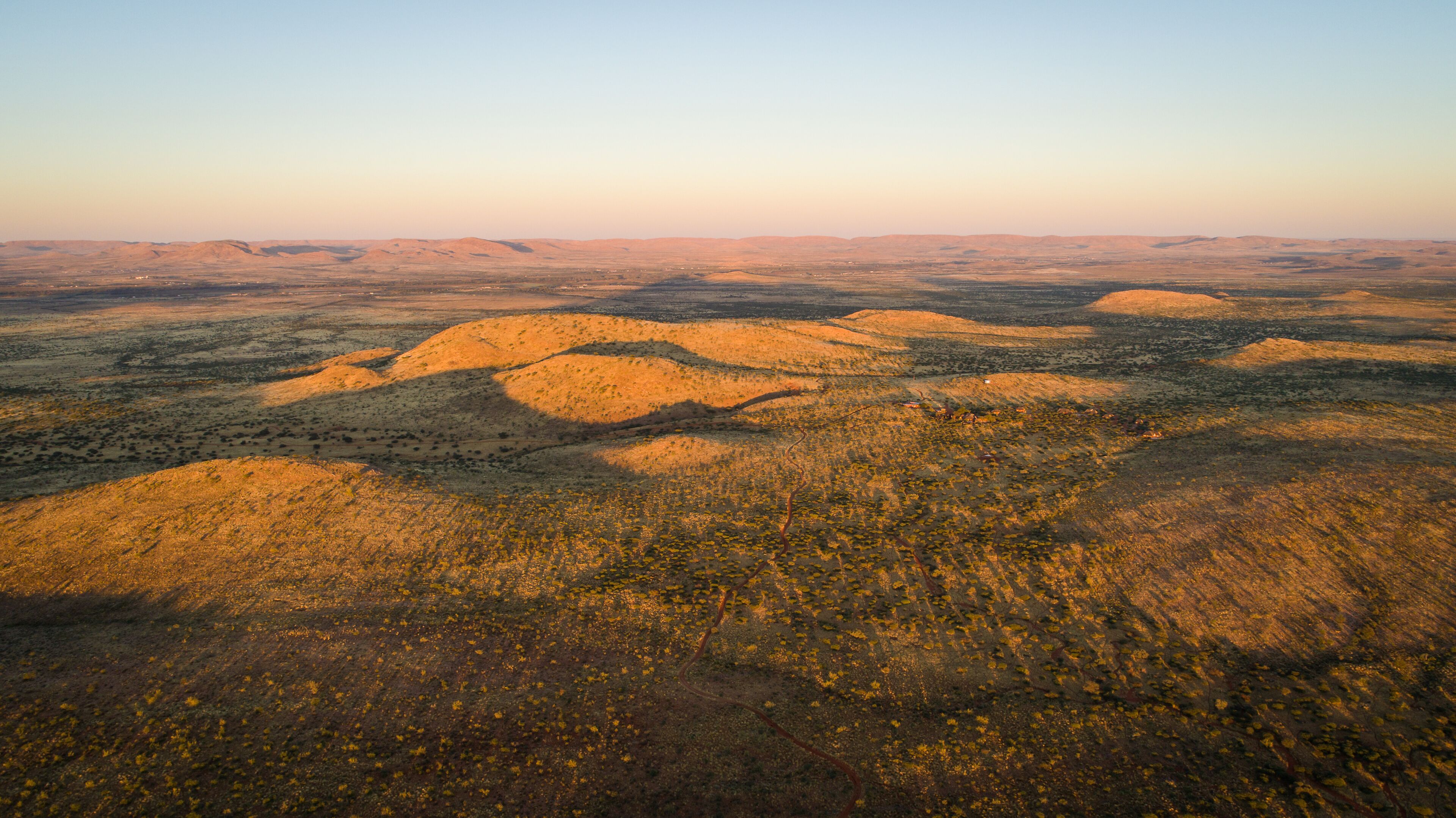 Aerial view over the Kalahari in South Africa at sunrise.