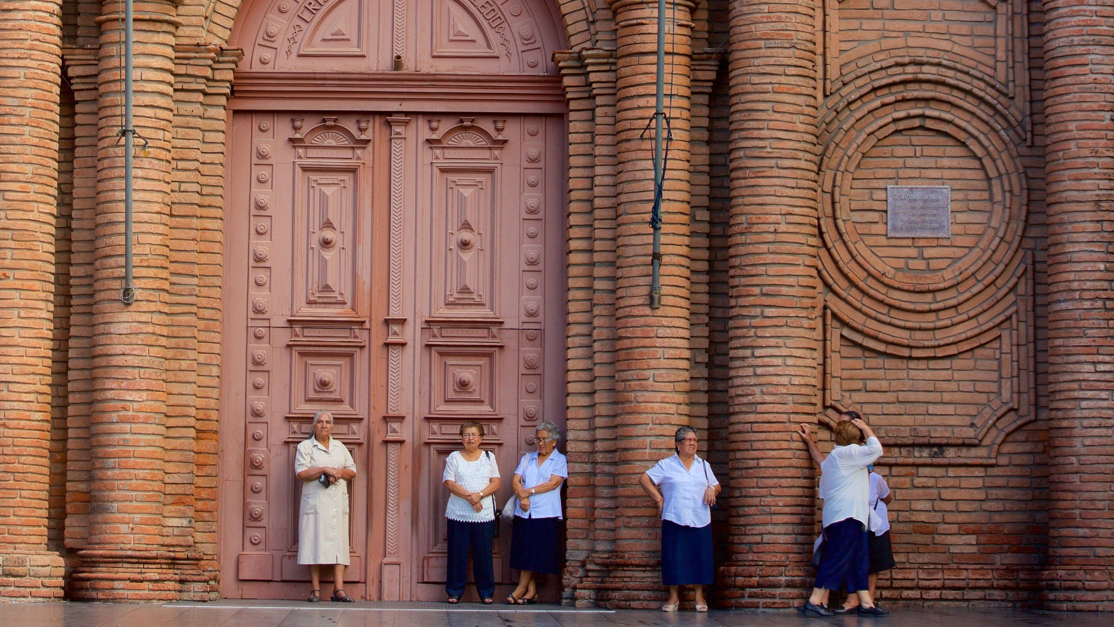 A large, ornate red door with intricate carvings, flanked by tall brick columns and a circular brick pattern on the wall.