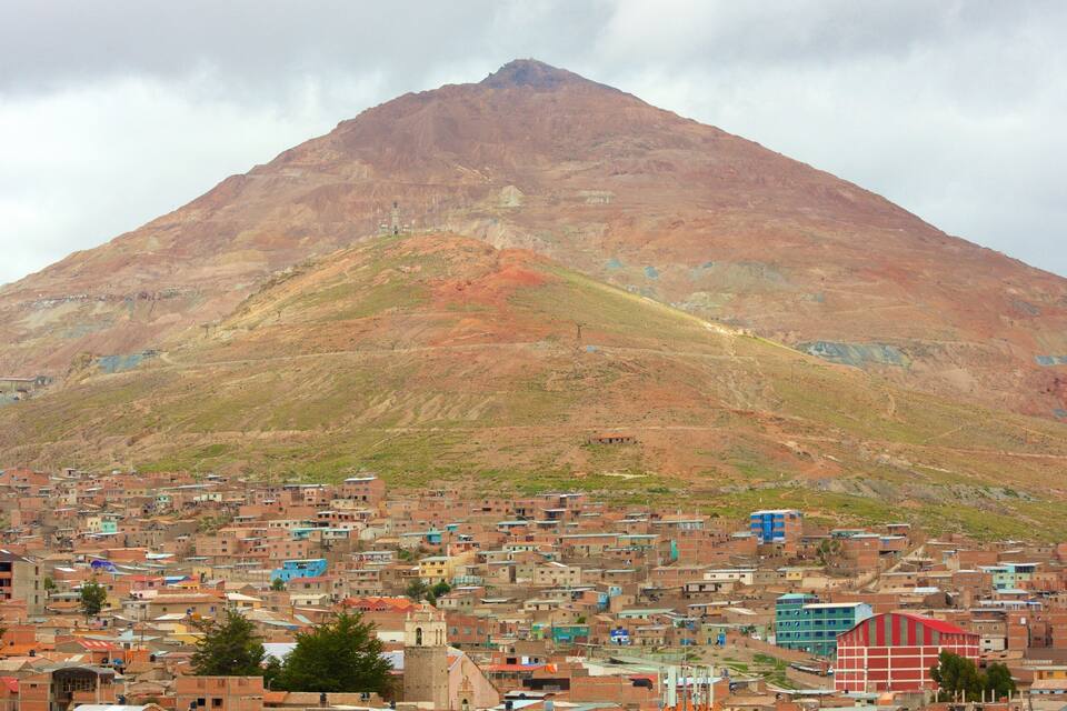 Un paisaje urbano con una montaña destacada al fondo.