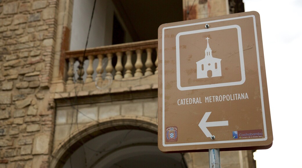 Cochabamba Cathedral which includes signage
