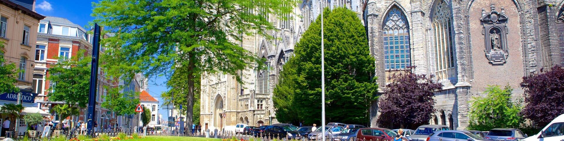 A historic church with Gothic architecture, surrounded by a well-maintained garden and parked cars.