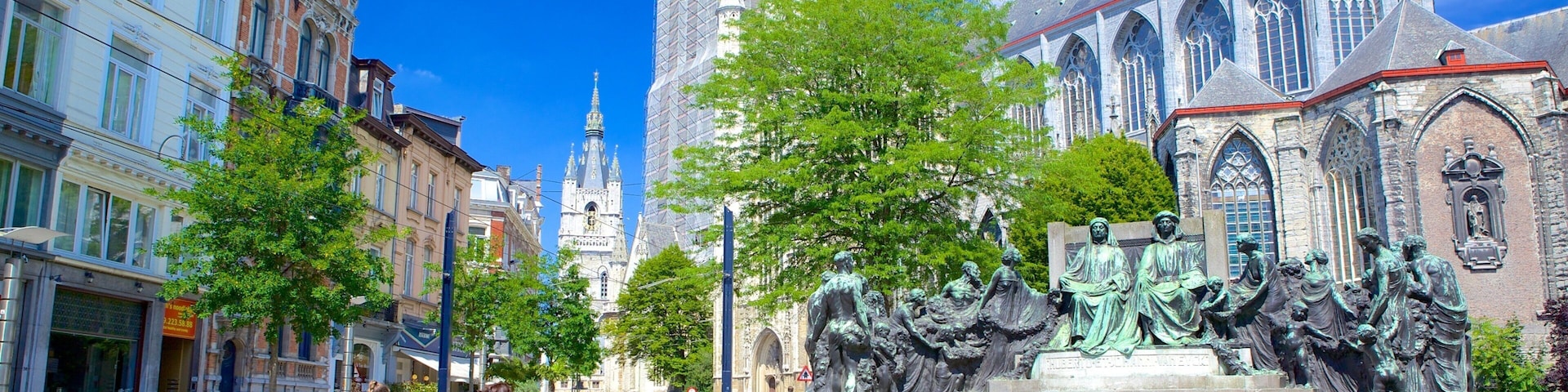 Saint Bavo Cathedral showing a statue or sculpture and a city