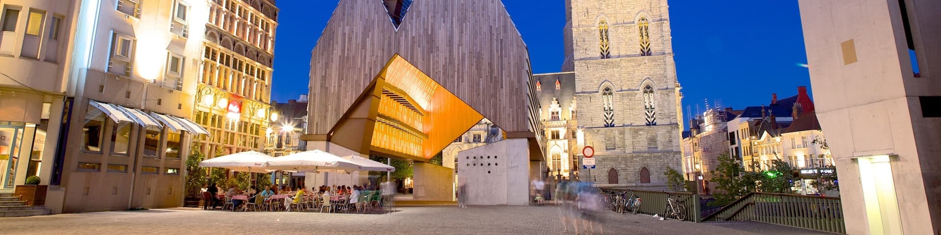 Belfry of Ghent which includes a city, night scenes and modern architecture