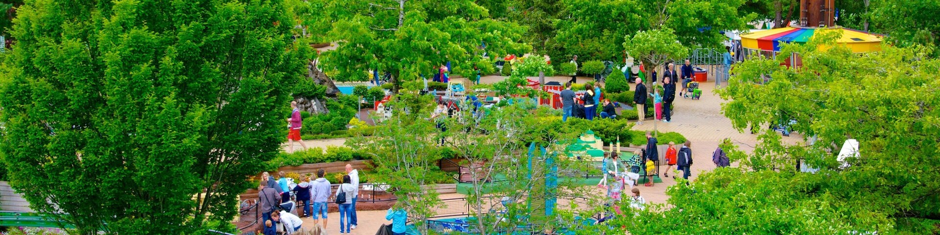 A park with green trees, a playground, and a tall structure.