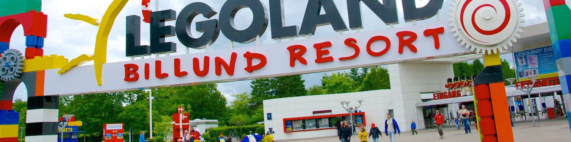 A LEGO-themed entrance sign for Legoland Billund Resort with colorful LEGO structures.