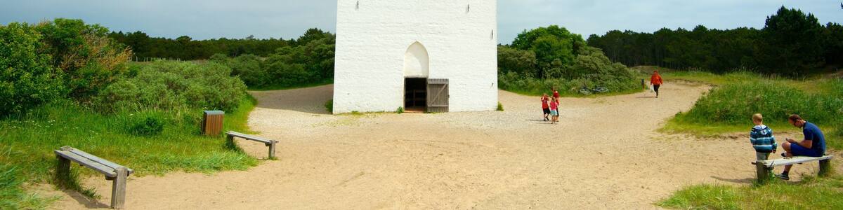 Den Tilsandede Kirke showing a garden and a church or cathedral