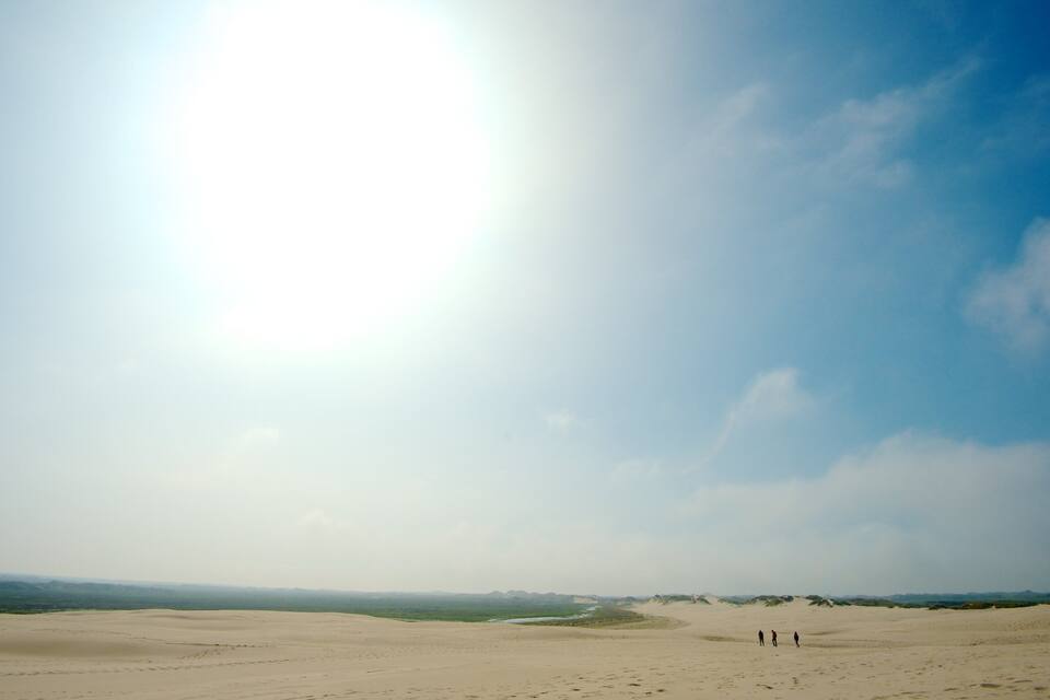 Wüstenlandschaft mit Sanddünen und ein paar Personen, die in der Ferne unterwegs sind.