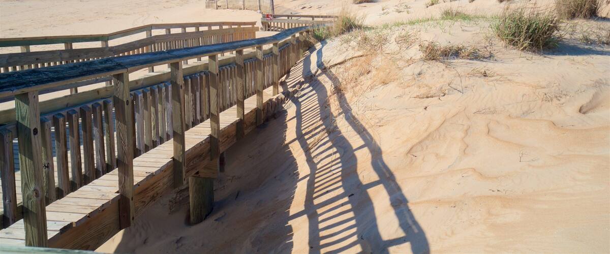 A wooden boardwalk leading to a sandy beach with dunes in the background.