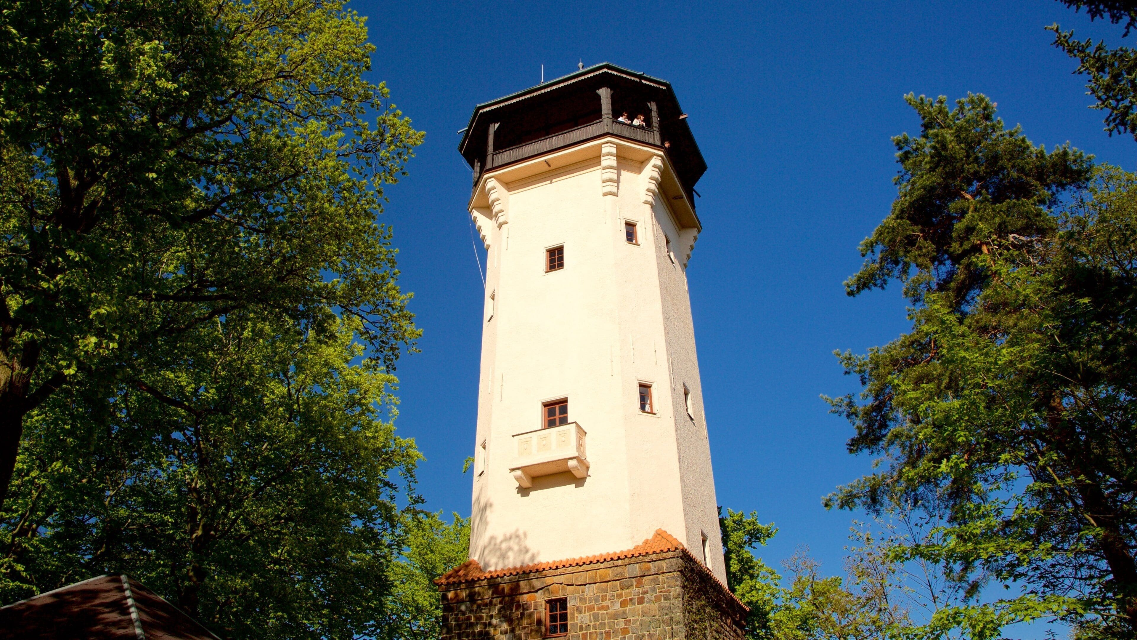 A tall white tower with a black roof, surrounded by lush green trees.