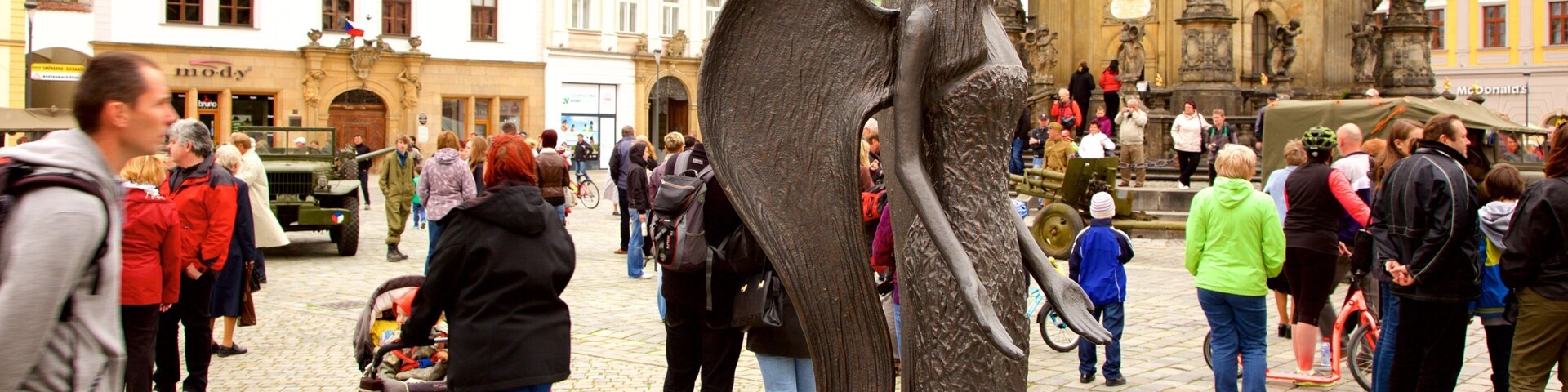 Holy Trinity Column showing a square or plaza and a statue or sculpture as well as a large group of people
