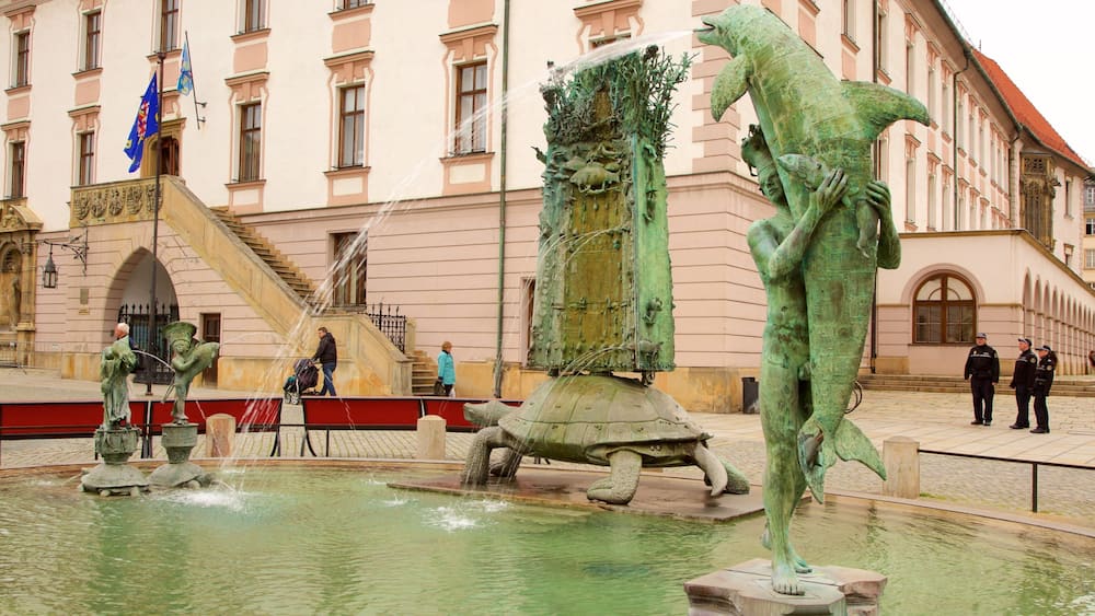 Olomouc which includes a fountain, a city and heritage elements