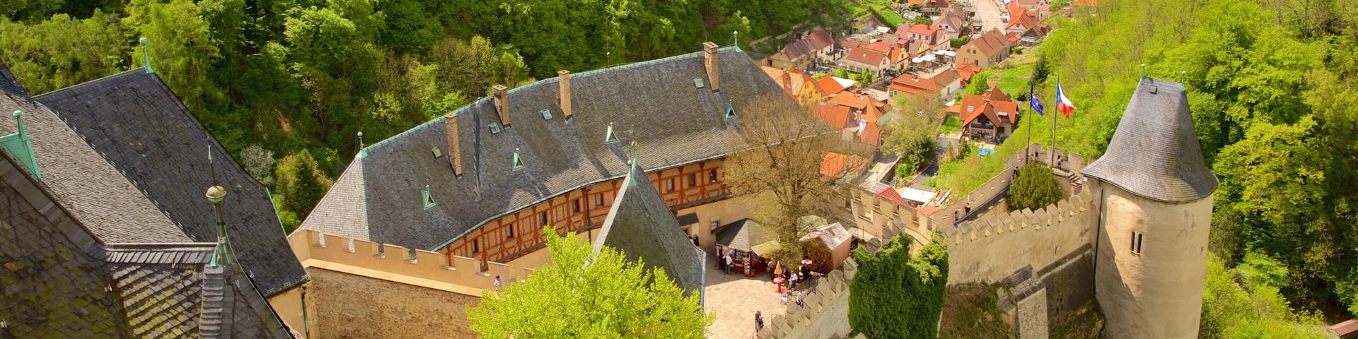 Karlstejn Castle featuring a small town or village, forests and chateau or palace