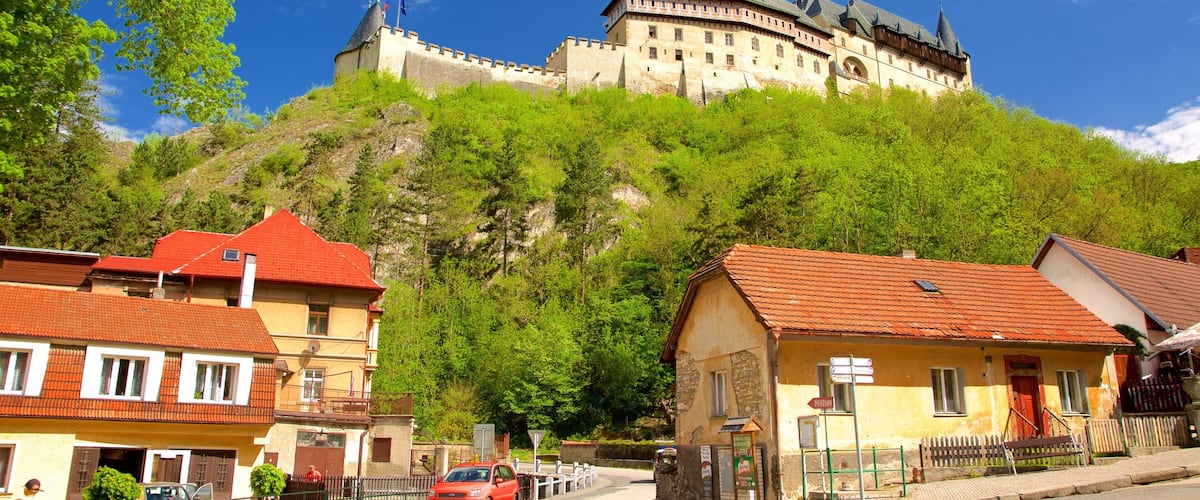 A castle on a hill with red-roofed buildings in the foreground.