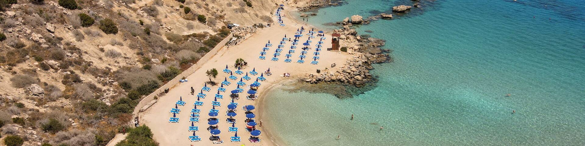 Drone view at the coast of Konnos beach on Cyprus