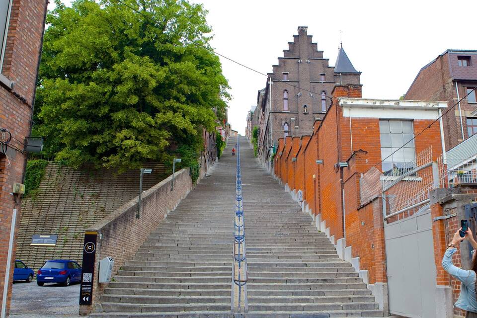 Een steile bakstenen trap leidt naar een historisch gebouw met een toren.