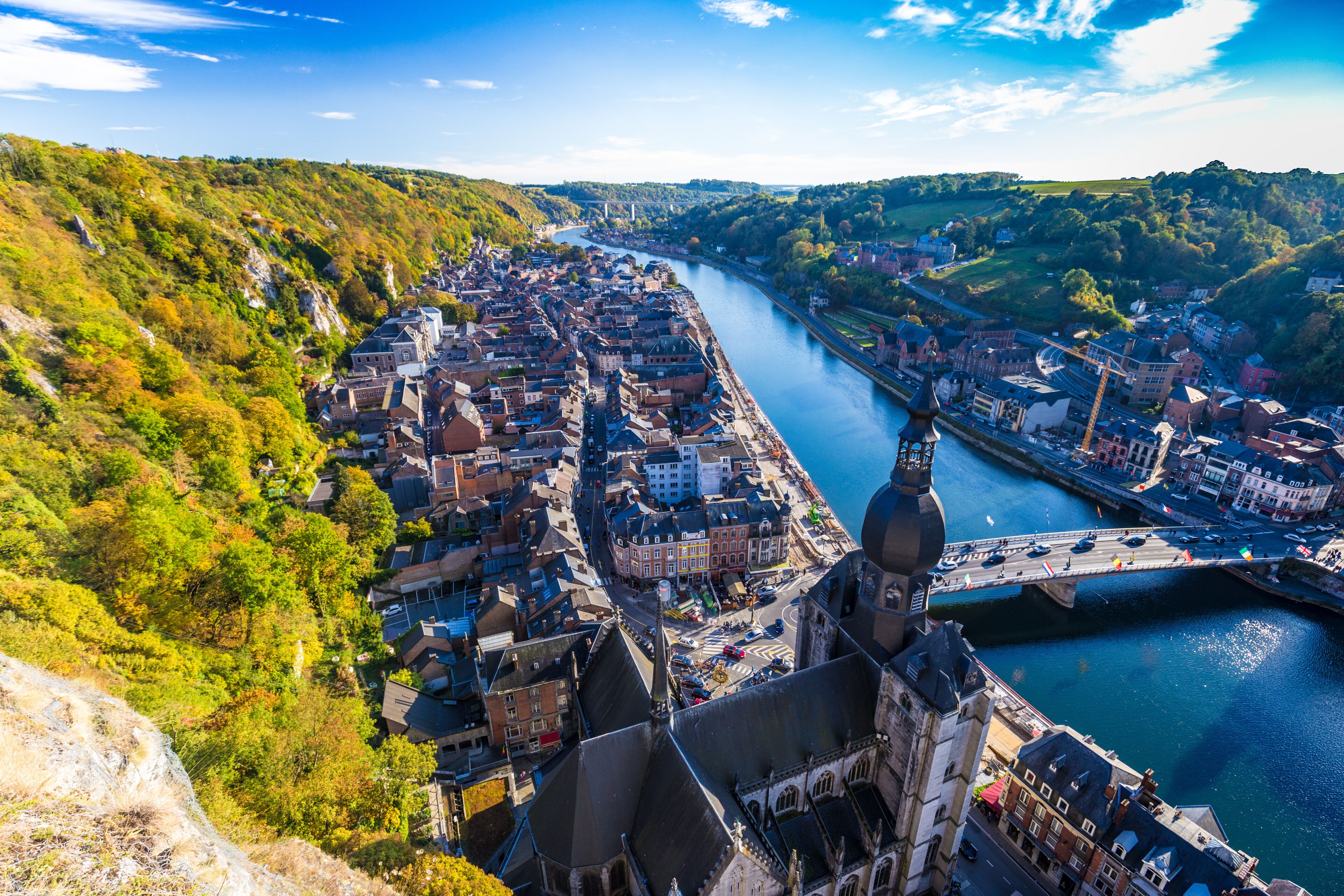 Aerial view of Dinant, Belgium and river Meuse