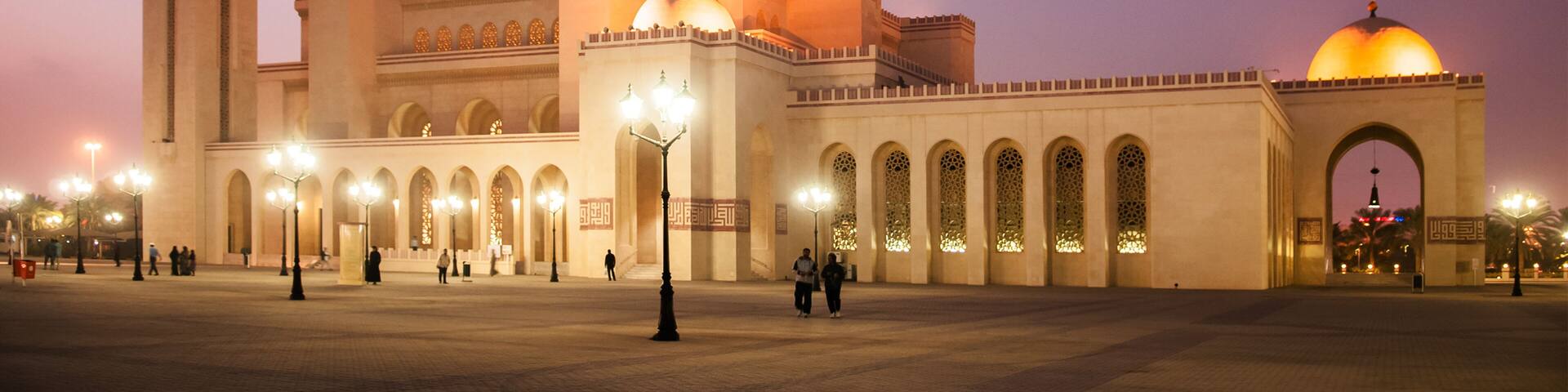 Exterior of Al Fateh grand mosque in evening. Manama, Bahrain