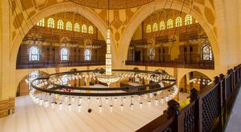 Al Fateh Grand Mosque showing heritage elements and interior views