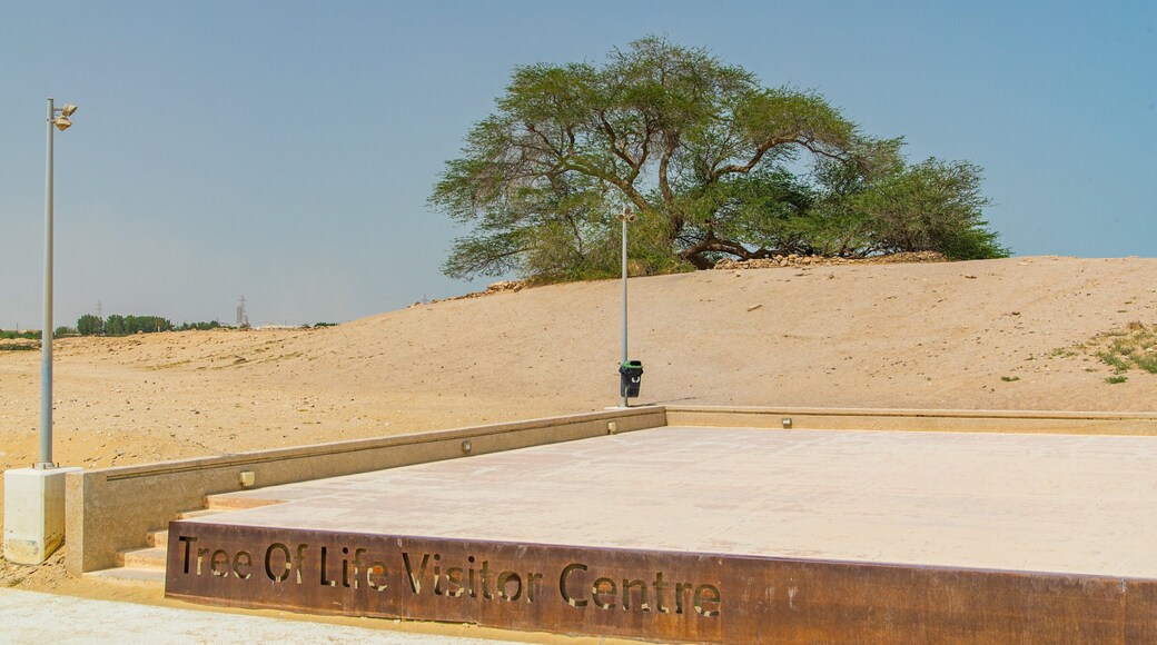 Tree of Life featuring a sandy beach and signage