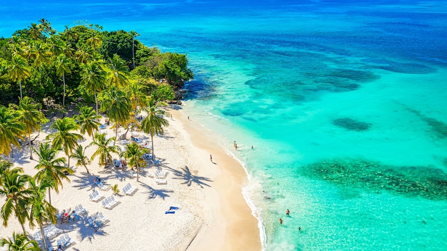 Aerial drone view of the beautiful small island and palm trees of Atlantic Ocean. Cayo Levantado island, Samana, Dominican Republic