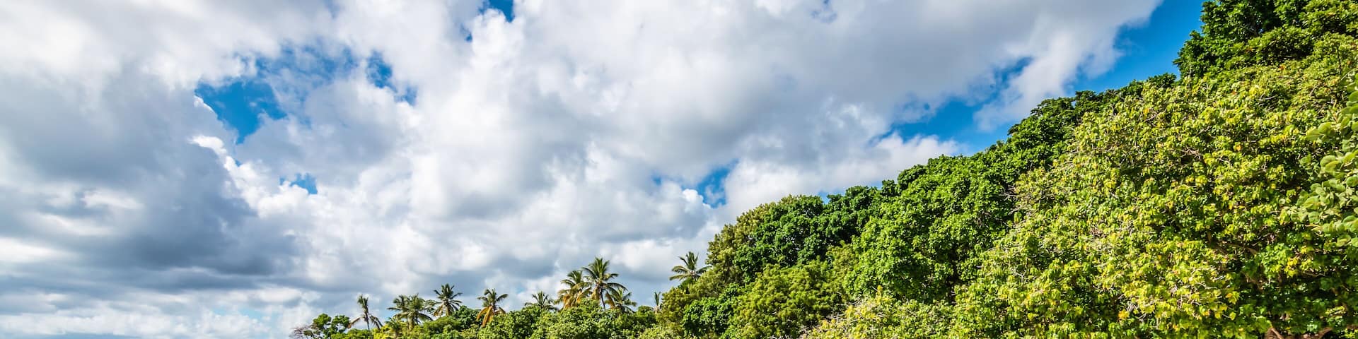 Small motorized boat at the pier and beach of Cayo Levantado Island, Samana Bay, Dominican Republic.