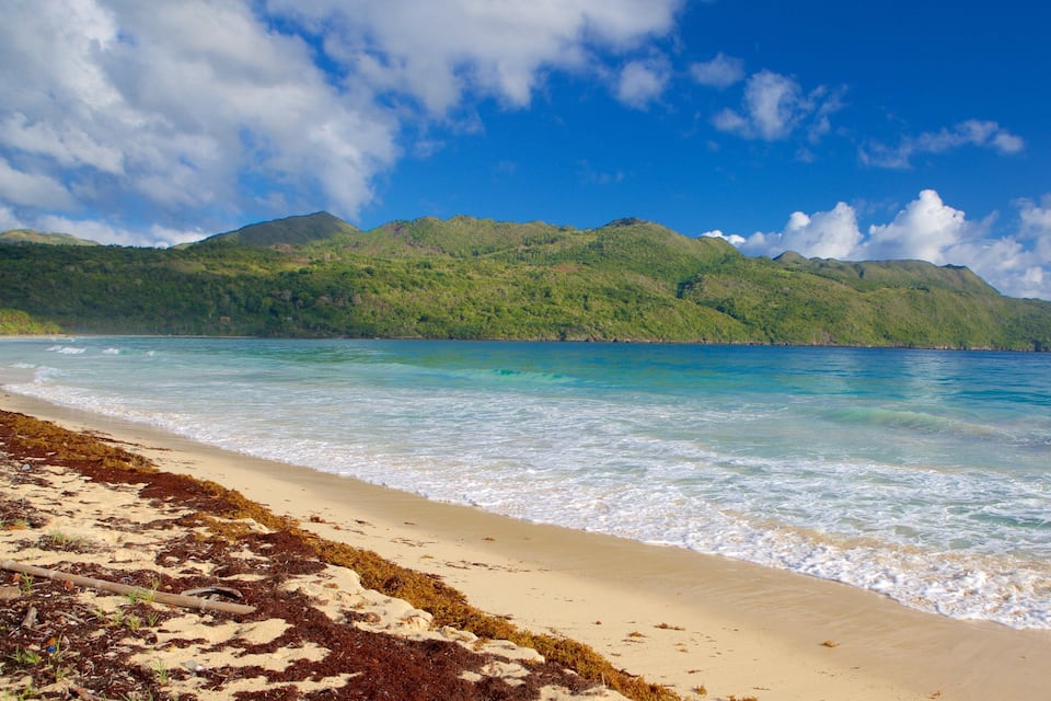 A beach with clear turquoise water, sandy shore, and green hills in the background.