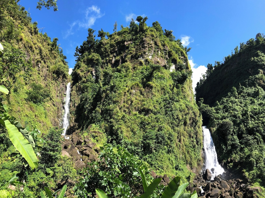 One of the many beautiful waterfalls on the island of Dominica. Hot baths, kind people and breathtaking hikes are the main interests of this island.