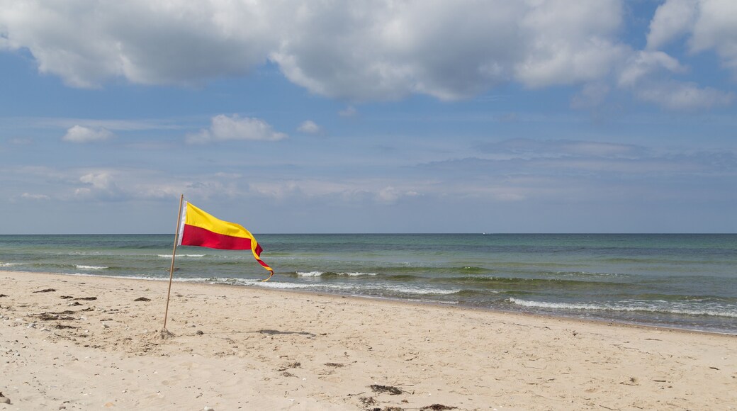 Red and yellow swimming area flag at Tisvilde beach in Denmark.; Shutterstock ID 441099616