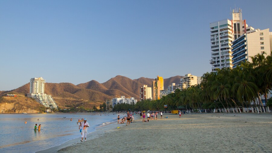 Rodadero Beach featuring a coastal town, a hotel and a beach