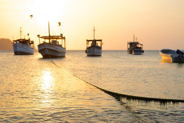 Strand von Taganga mit einem Bootfahren, Bucht oder Hafen und Sonnenuntergang