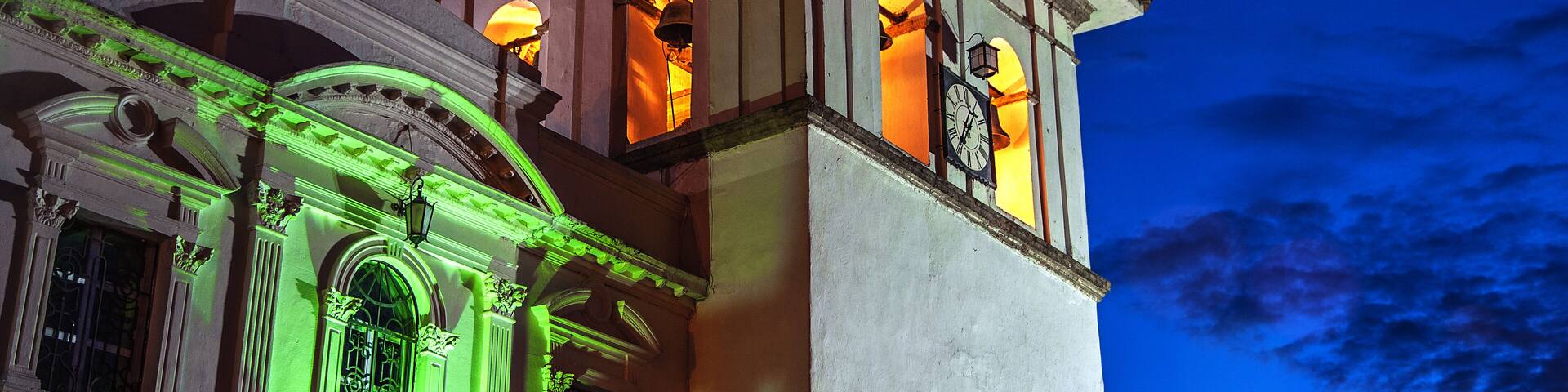 The clock tower in Popayan, Colombia during the blue hour.