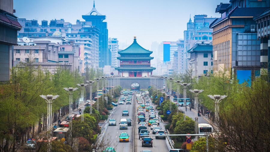 the street scene of xi'an,bell tower in the center of ancient city,China