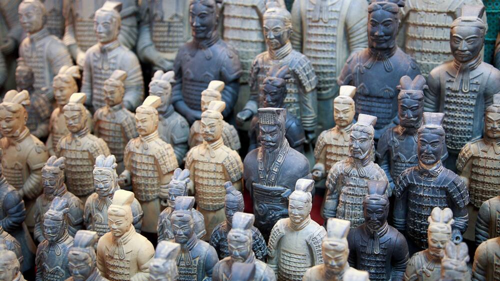 A collection of terracotta soldiers in various poses and armor styles.
