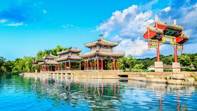 The Mid-lake Pavilion of Chengde Mountain Resort. It is a large complex of imperial palaces and gardens situated in the city of Chengde in Hebei, China.