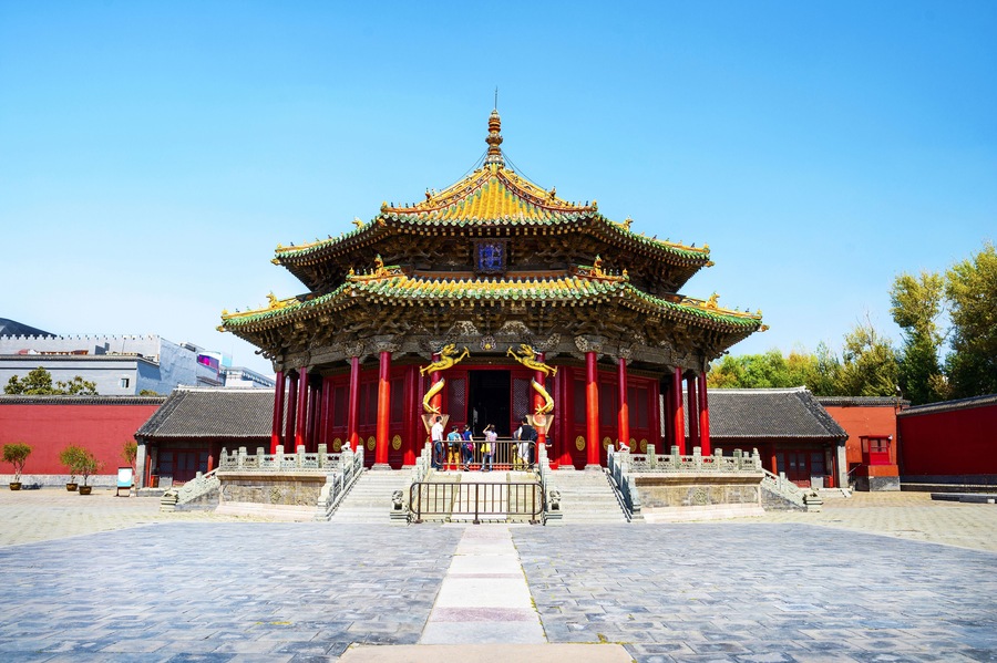 The Imperial Palace of The Qing Dynasty in Shenyang (Mukden Palace). Text on plaque translate into Enligh is Dazheng Hall. It is UNESCO World Heritage Site, built in 1625. located in Shenyang, China.;