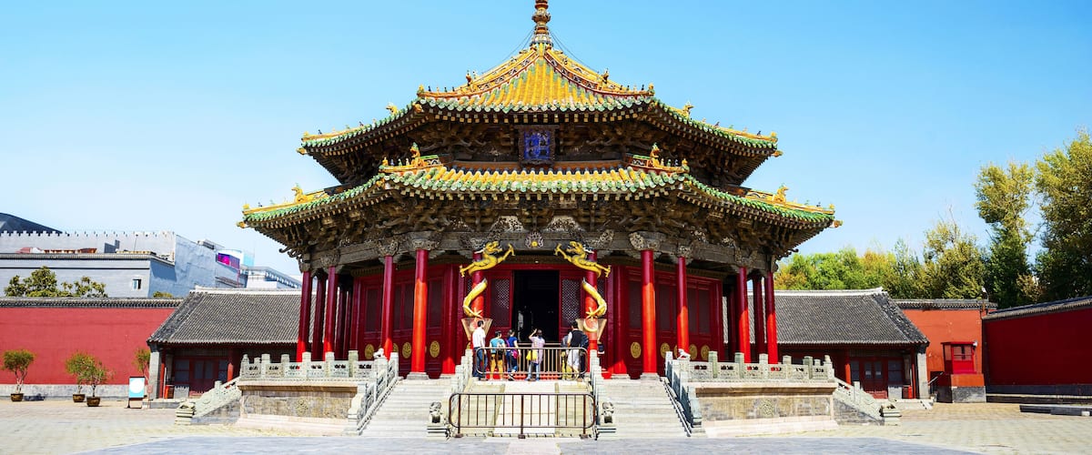 The Imperial Palace of The Qing Dynasty in Shenyang (Mukden Palace). Text on plaque translate into Enligh is Dazheng Hall. It is UNESCO World Heritage Site, built in 1625. located in Shenyang, China.;