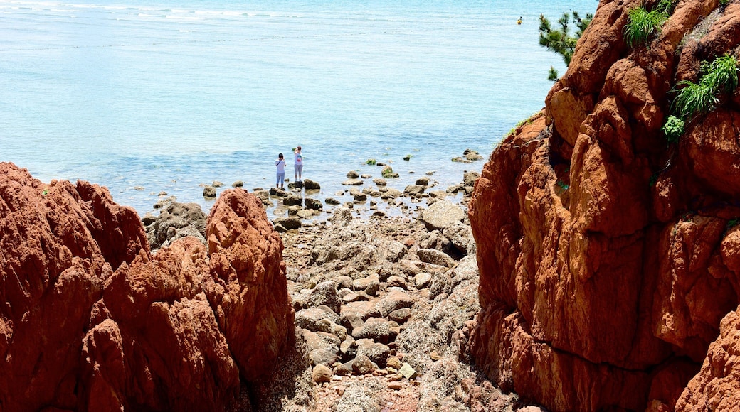 Number 1 Beach showing rocky coastline and a pebble beach