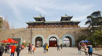 Xuan Wu Lake Park showing heritage architecture as well as a large group of people